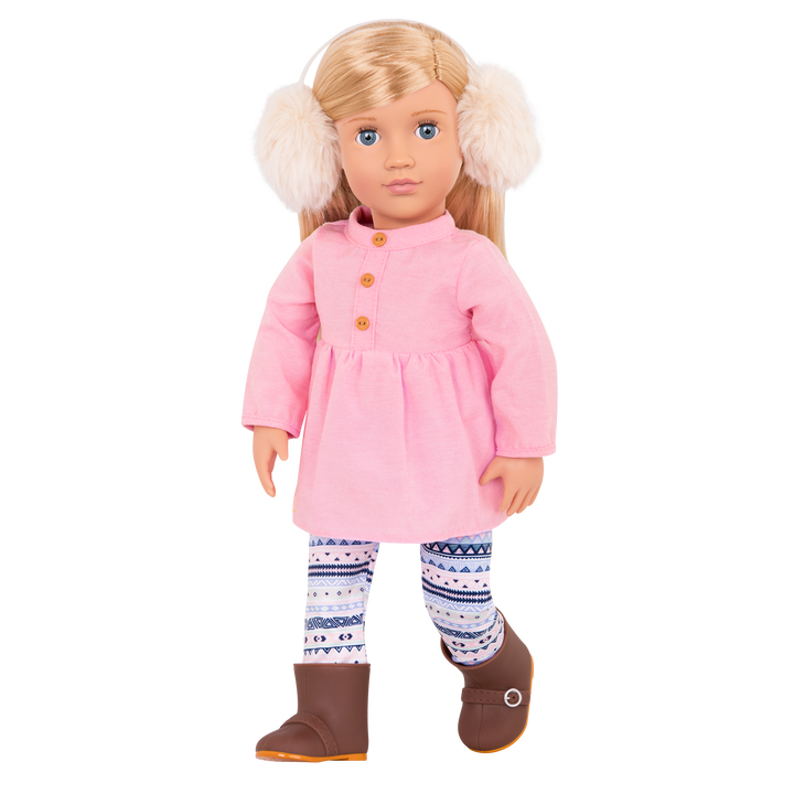 18-inch doll with blonde hair, blue eyes, winter outfits and storybook