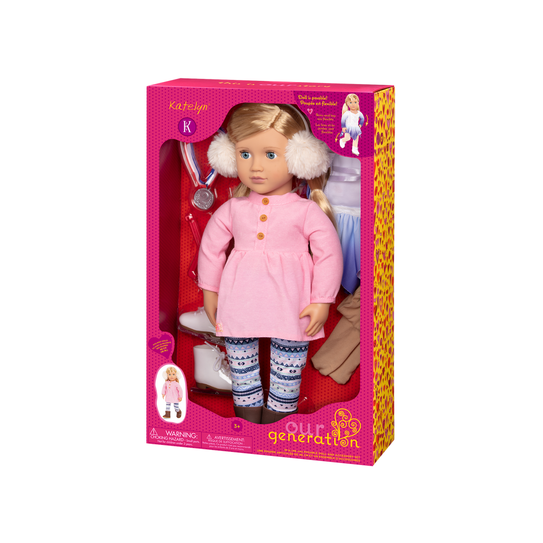 18-inch doll with blonde hair, blue eyes, winter outfits and storybook