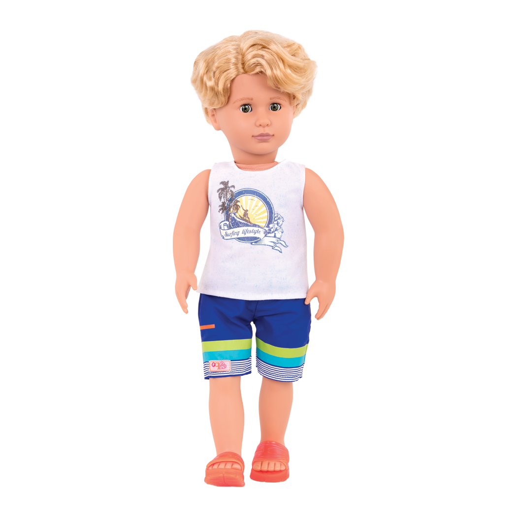 Gabe - 46cm Boy Doll - Boy Doll with Blonde Hair & Brown Eyes - Surfing Doll - Orange Surfboard - Toys & Gifts for Children - Our Generation UK