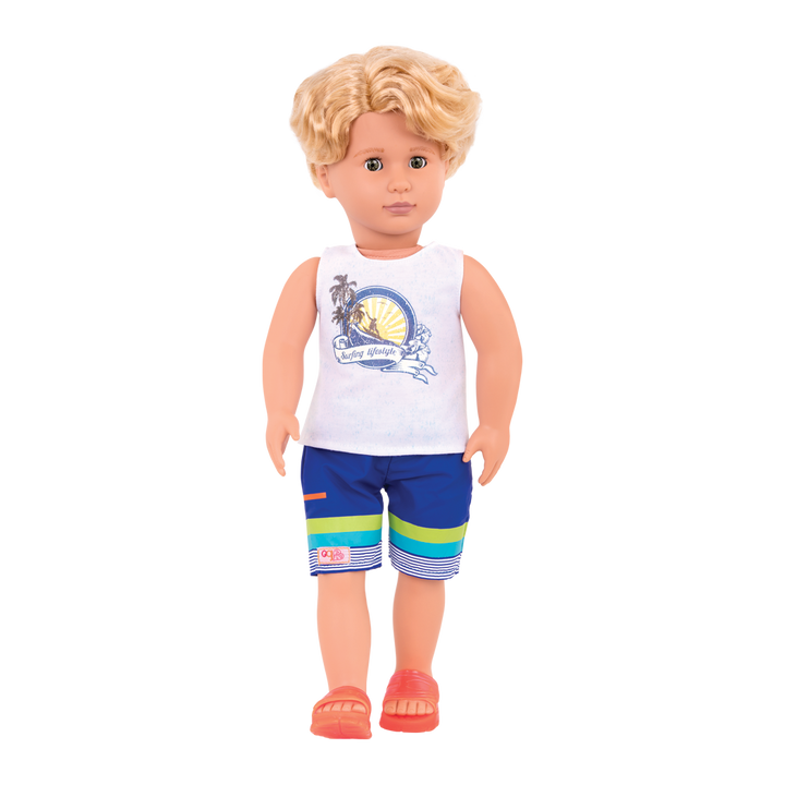 Gabe - 46cm Boy Doll - Boy Doll with Blonde Hair & Brown Eyes - Surfing Doll - Orange Surfboard - Toys & Gifts for Children - Our Generation UK