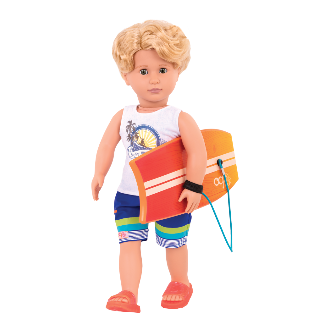 Gabe - 46cm Boy Doll - Boy Doll with Blonde Hair & Brown Eyes - Surfing Doll - Orange Surfboard - Toys & Gifts for Children - Our Generation UK