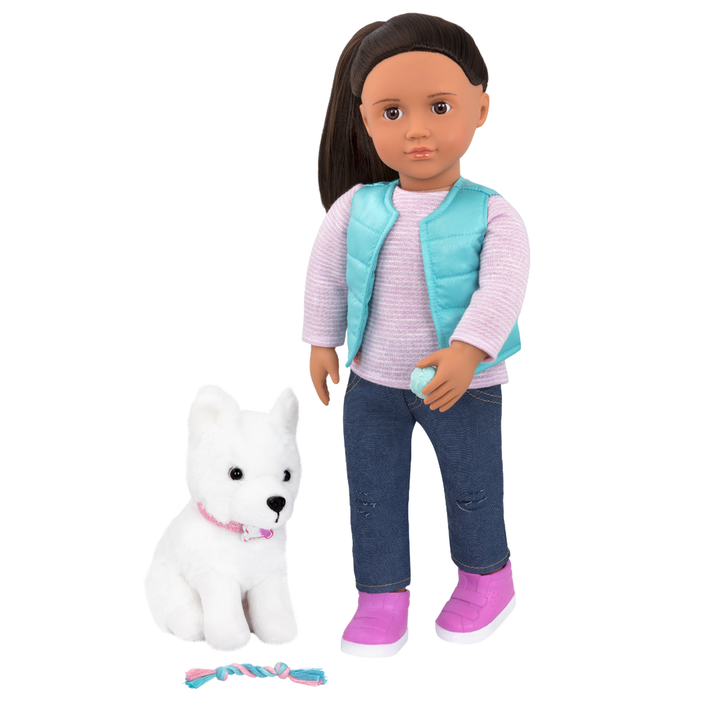 Cassie - 46cm Doll & Pet Samoyed - OG Doll with Brown Hair & Brown Eyes - Pet Puppy with White Fur & Accessories - Toys for Children - Our Generation