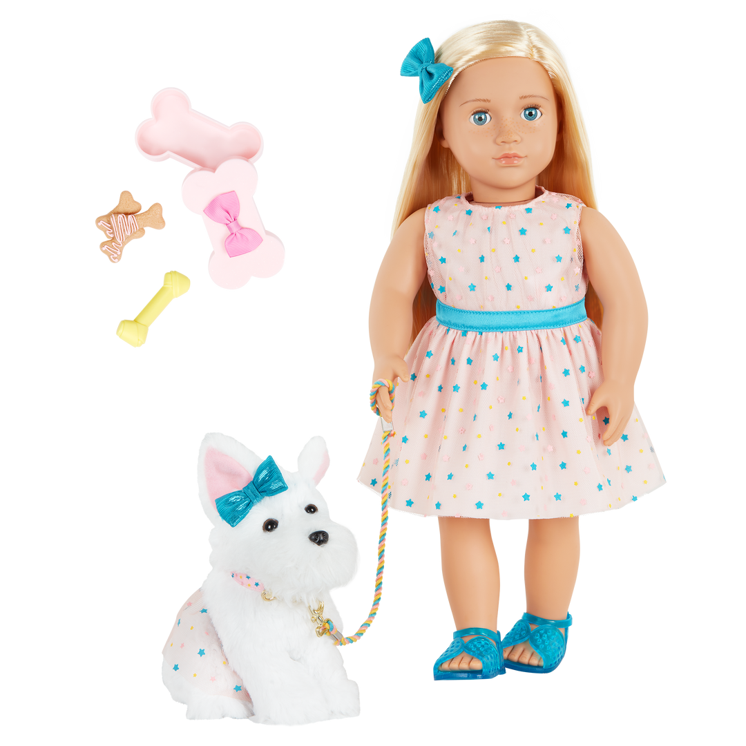 Cadence & Cookie - 46cm Doll & Pet Puppy - OG Doll with Blonde Hair & Blue Eyes - Dog with White Fur - Toys for Kids - Our Generation UK