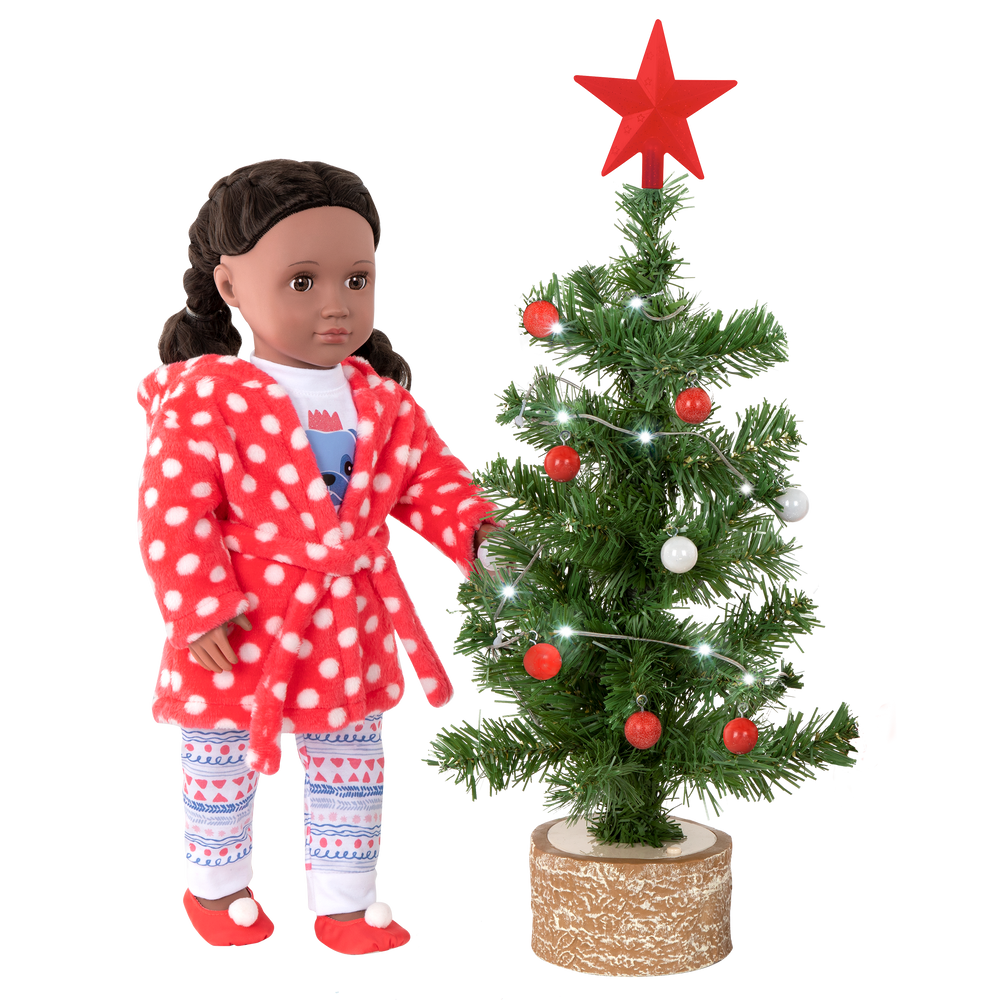 Toy Christmas tree with lights, ornaments and star