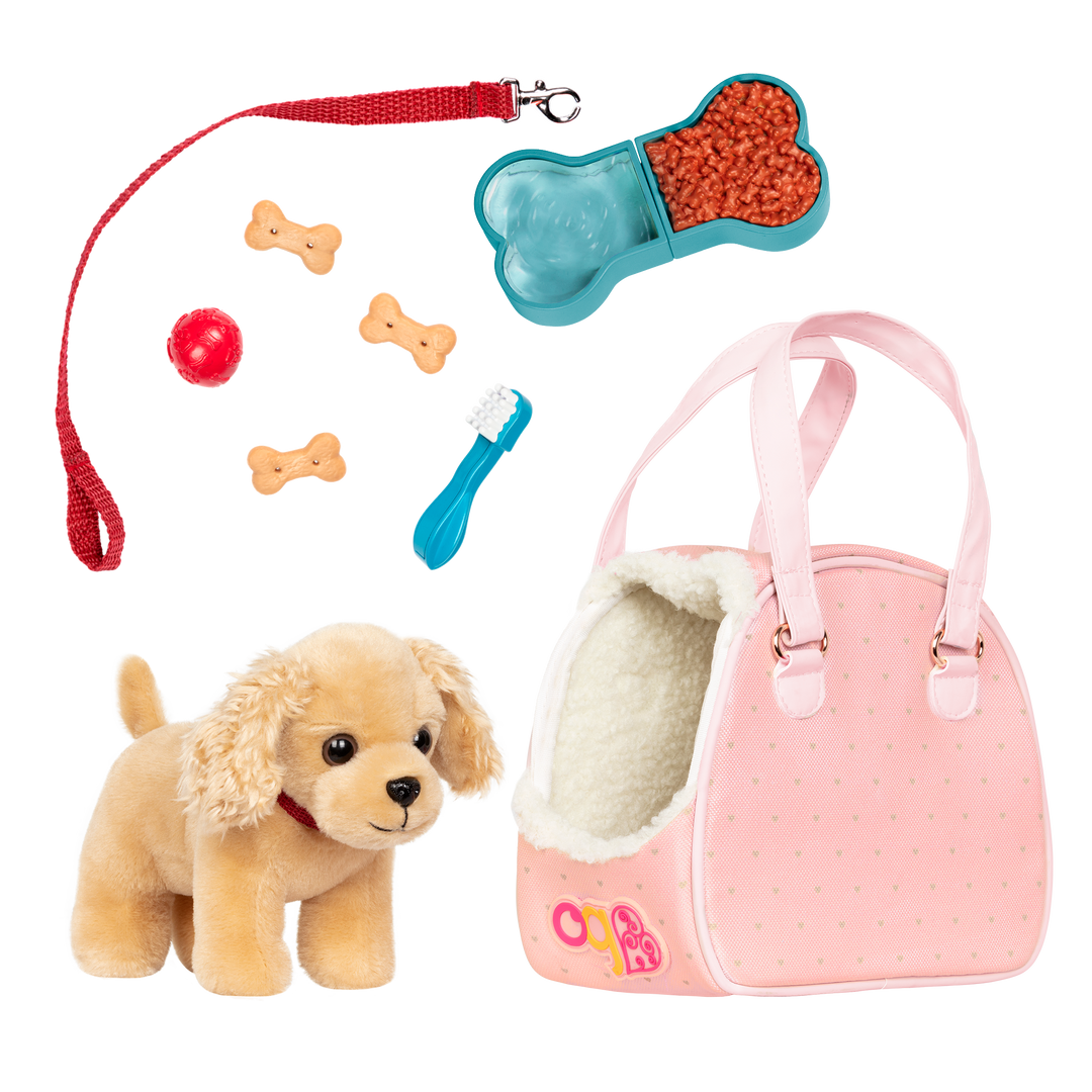 Hop In Dog Carrier - Cocker Spaniel with Pink Carrier Bag - Pet Accessories for OG Dolls - Our Generation UK