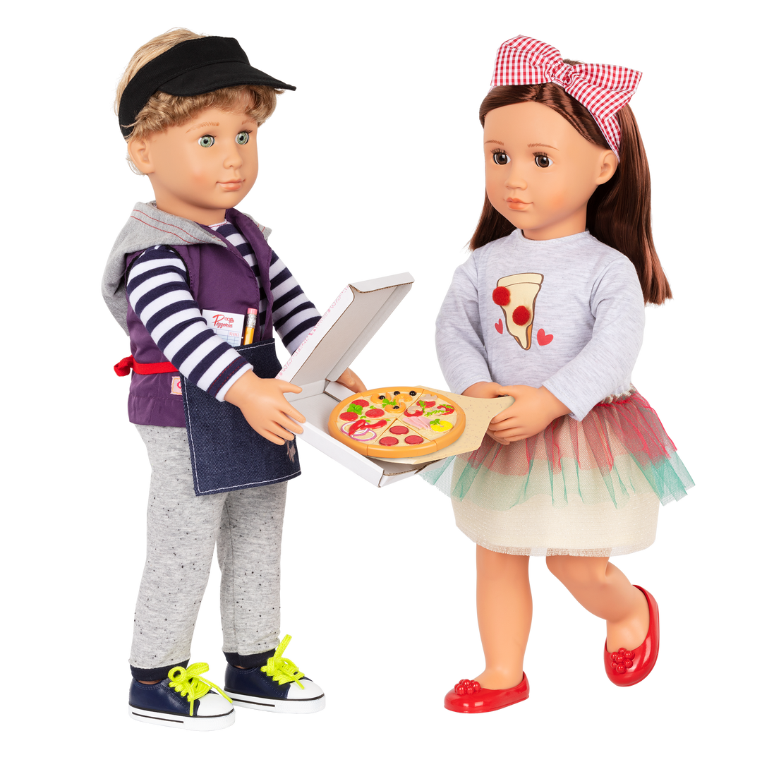 Two 18-inch dolls with pizzeria playset