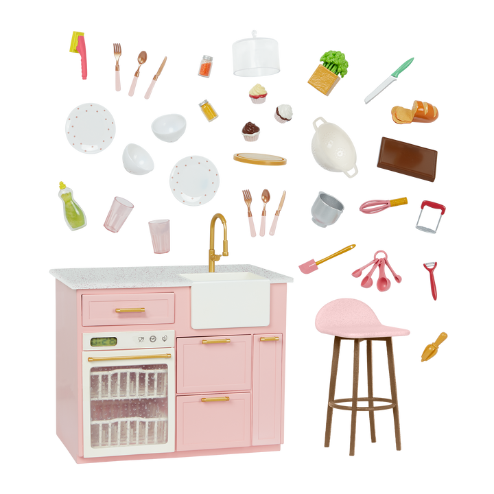 OG Cooking Island - Pink Cooking Island & Bar Stool - Food & Cooking Accessories for Dolls - Doll Furniture - Furniture for Dollhouse - Dollhouse Kitchen - Our Generation