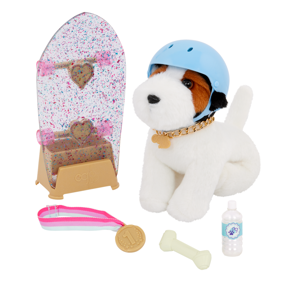 Pro Skater Pup Posable - 15cm Parson Russell Terrier with Skateboard Accessories - Accessories for Dolls - Our Generation