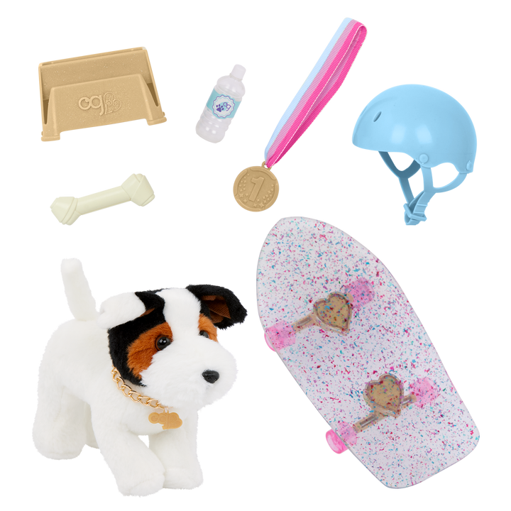 Pro Skater Pup Posable - 15cm Parson Russell Terrier with Skateboard Accessories - Accessories for Dolls - Our Generation