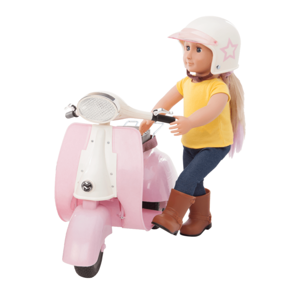 Ride in Style Scooter - Pink & White Scooter for Dolls - 46cm Doll Vehicles - Helmet - Our Generation