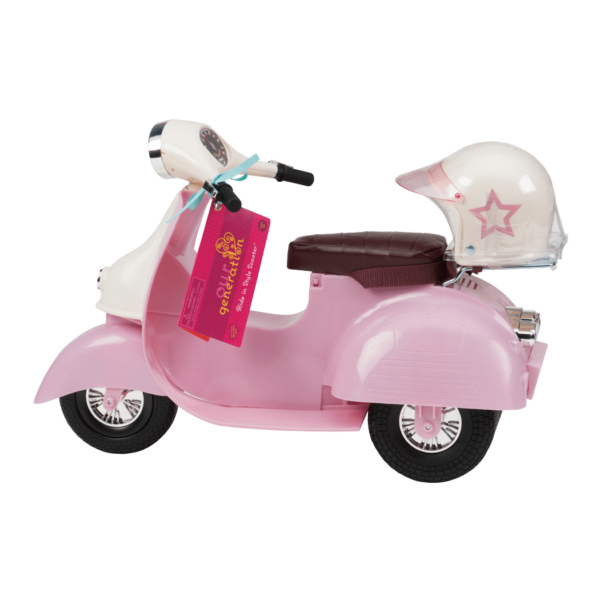 Ride in Style Scooter - Pink & White Scooter for Dolls - 46cm Doll Vehicles - Helmet - Our Generation