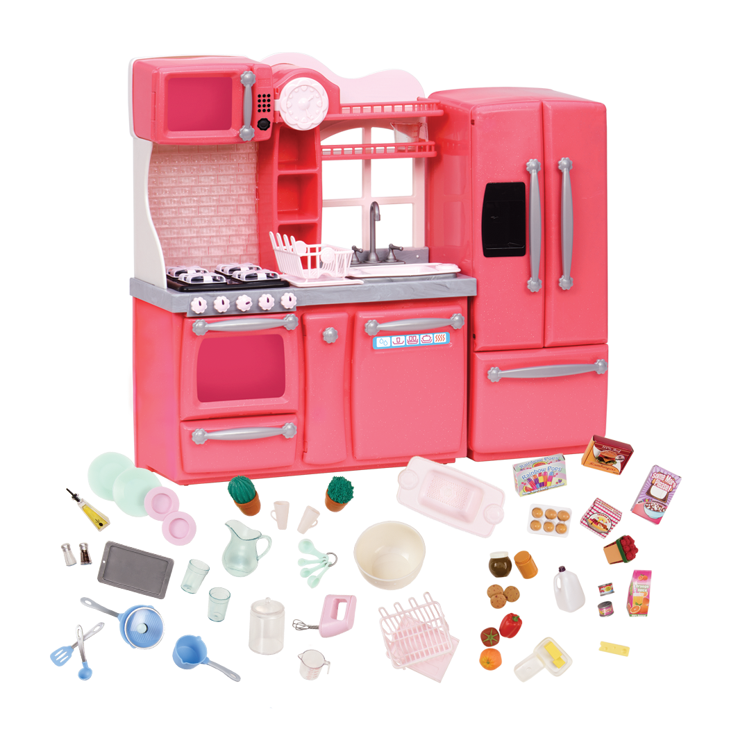 Gourmet Kitchen Set - Pink Kitchen Playset for 46cm Dolls - Doll Accessories - Kitchen with Toy Food - Cooking Accessories - Our Generation