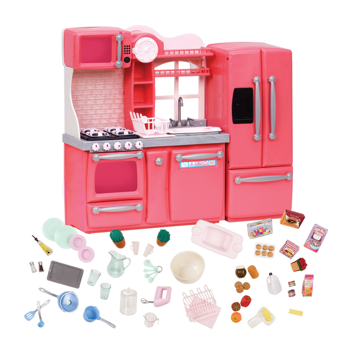 Gourmet Kitchen Set - Pink Kitchen Playset for 46cm Dolls - Doll Accessories - Kitchen with Toy Food - Cooking Accessories - Our Generation