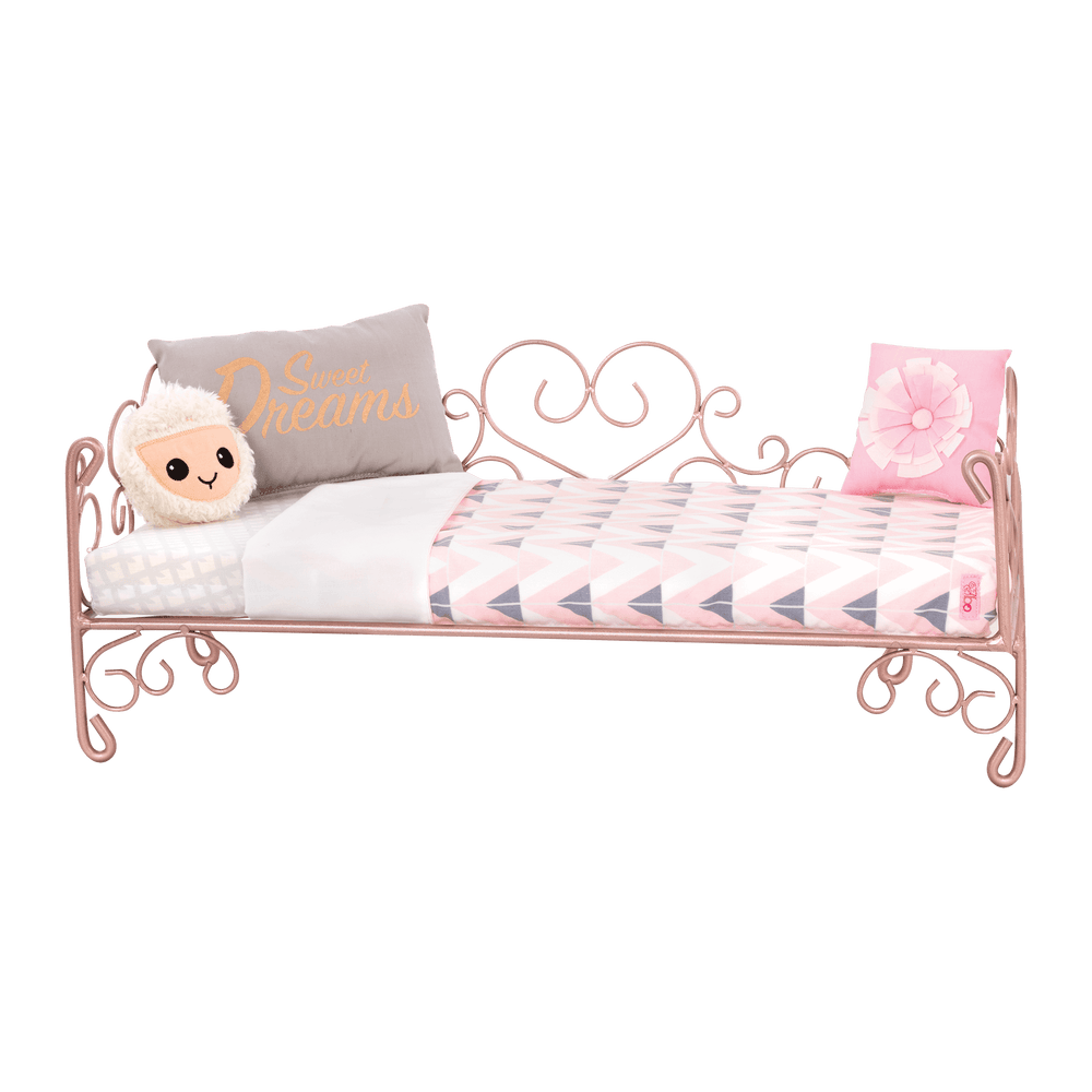 Sweet Dreams Scrollwork Bed - Our Generation Doll Bed - Pink Bed with Duvet & Pillow - Doll Accessories - Our Generation