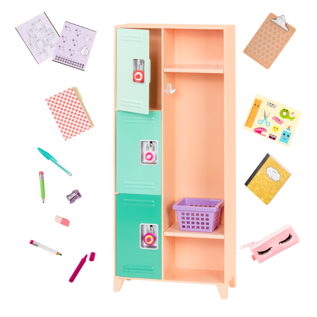 Classroom Cool Locker Set - School Locker Playset - School Accessories for 46cm Dolls - School Supplies - Green Locker with Padlocks - Our Generation UK