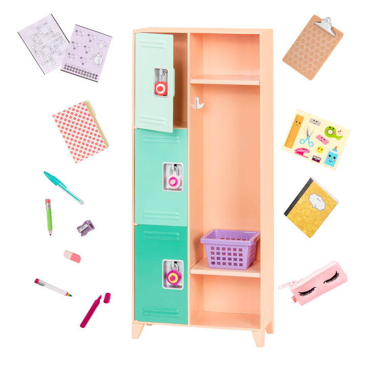 Classroom Cool Locker Set - School Locker Playset - School Accessories for 46cm Dolls - School Supplies - Green Locker with Padlocks - Our Generation UK