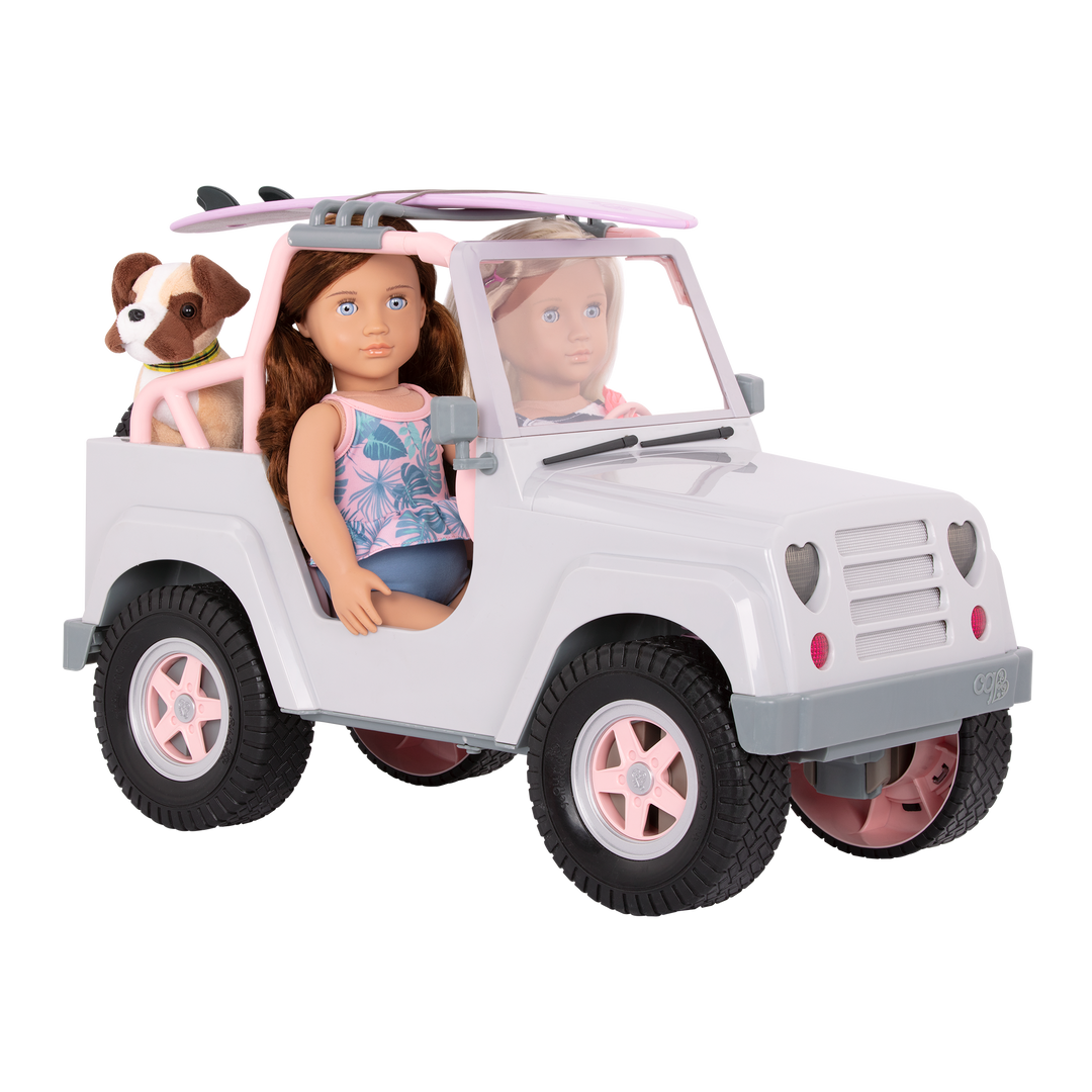 OG Off Roader - Doll 4x4 Car in Grey & Pink - Doll Vehicle with Surfboard - Toy Car with Bluetooth & Sounds - Doll Accessories - Our Generation UK