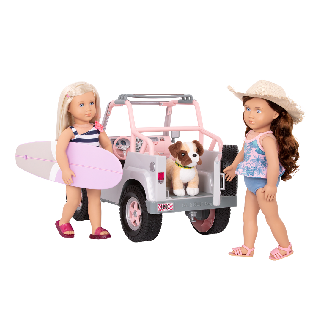 OG Off Roader - Doll 4x4 Car in Grey & Pink - Doll Vehicle with Surfboard - Toy Car with Bluetooth & Sounds - Doll Accessories - Our Generation UK