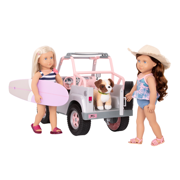 OG Off Roader - Doll 4x4 Car in Grey & Pink - Doll Vehicle with Surfboard - Toy Car with Bluetooth & Sounds - Doll Accessories - Our Generation UK