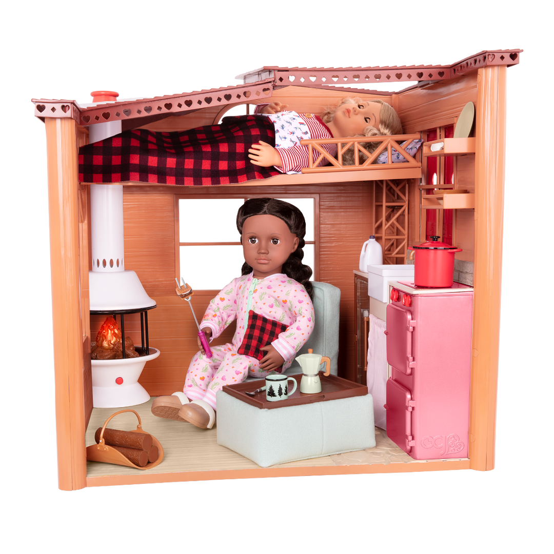 Cozy Cabin - Winter Chalet for 46cm Dolls - Ski Chalet Playset with Winter Accessories - Dollhouse - Dollhouse with Log Fire - Functioning Lights & Sounds - Christmas - Our Generation UK