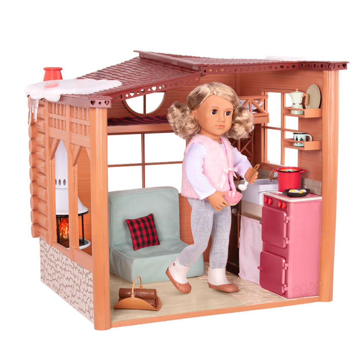 Cozy Cabin - Winter Chalet for 46cm Dolls - Ski Chalet Playset with Winter Accessories - Dollhouse - Dollhouse with Log Fire - Functioning Lights & Sounds - Christmas - Our Generation UK