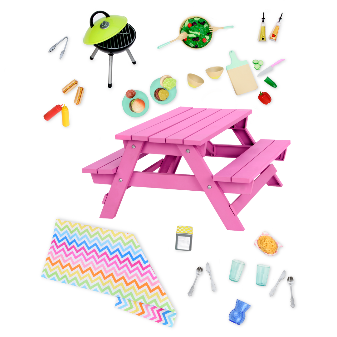Picnic Table Set - Pink Picnic Table & BBQ Accessories - Food Accessories for OG Dolls - Our Generation