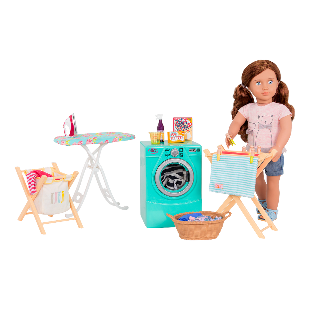 Tumble & Spin Laundry Set - Home Laundry Set for 46cm Dolls - Washing Machine, Ironing Board & Pegs - Doll Furniture - Accessories for OG Dolls - Our Generation