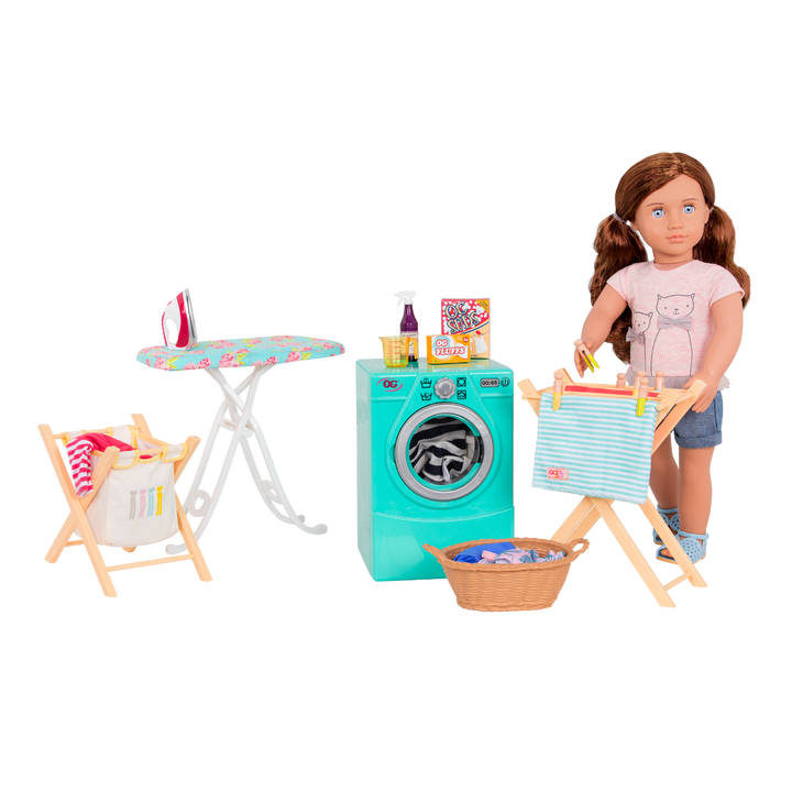 Tumble & Spin Laundry Set - Home Laundry Set for 46cm Dolls - Washing Machine, Ironing Board & Pegs - Doll Furniture - Accessories for OG Dolls - Our Generation