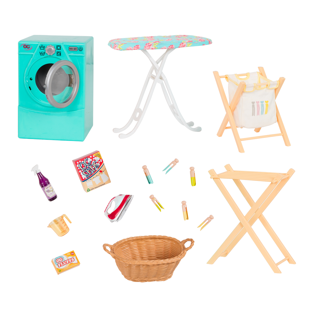 Tumble & Spin Laundry Set - Home Laundry Set for 46cm Dolls - Washing Machine, Ironing Board & Pegs - Doll Furniture - Accessories for OG Dolls - Our Generation