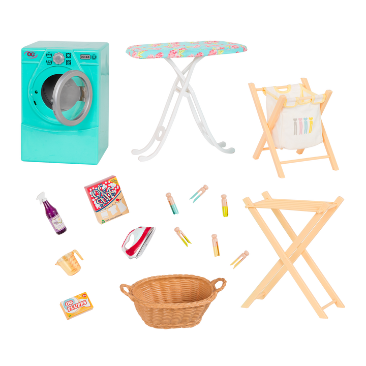 Tumble & Spin Laundry Set - Home Laundry Set for 46cm Dolls - Washing Machine, Ironing Board & Pegs - Doll Furniture - Accessories for OG Dolls - Our Generation