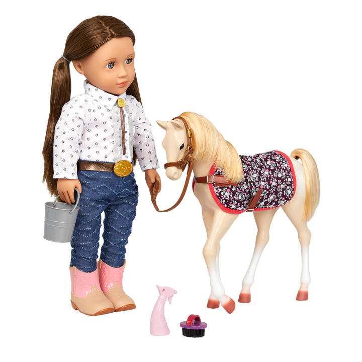 Palomino Foal - 30cm Horse for Dolls - Foal with Light Brown Hair & Grooming Accessories - Equestrian - Our Generation