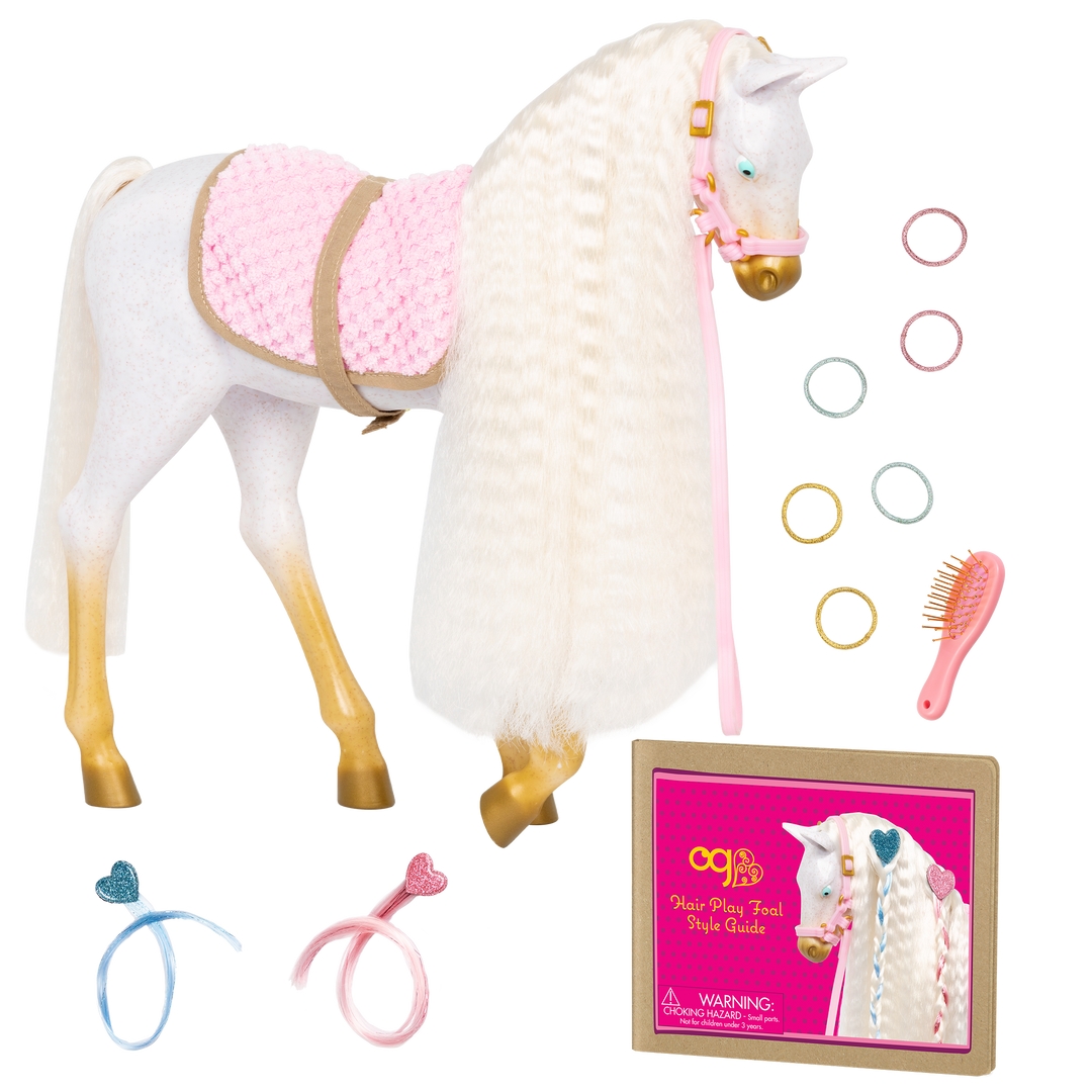 Andalusian Hair Play Foal - 30cm Horse with Long White Hair - Horse with Hair-Styling Accessories - Foal with Hair Styling Booklet - Accessories for Dolls - Our Generation